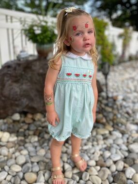 B.T. Kids green & white seersucker bubble romper w watermelon embroidery 24m